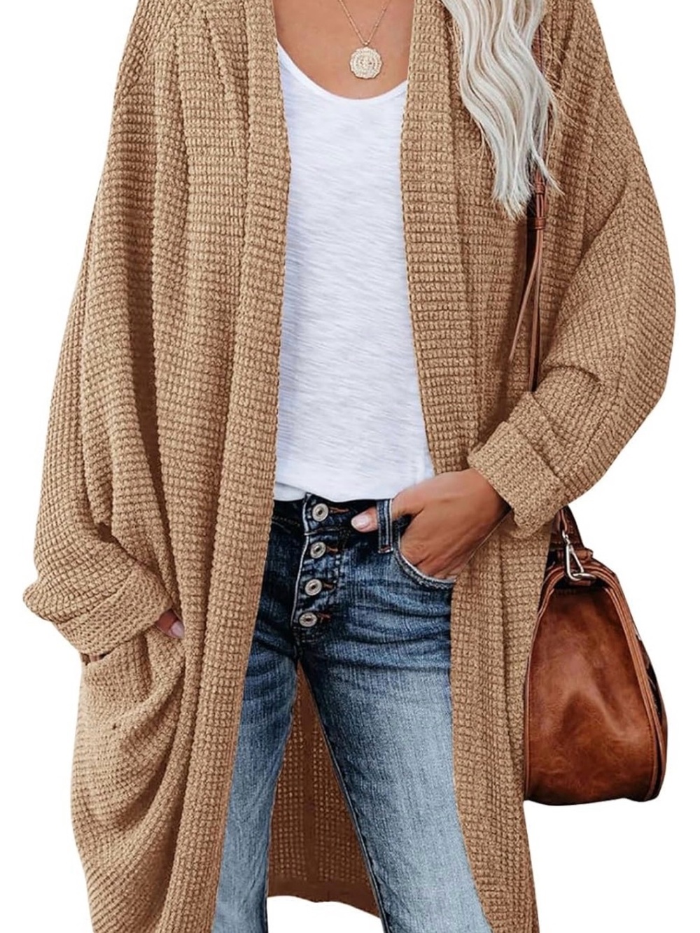 Waffle Knit batwing Open Front boho Cardigan Sweater - Camel